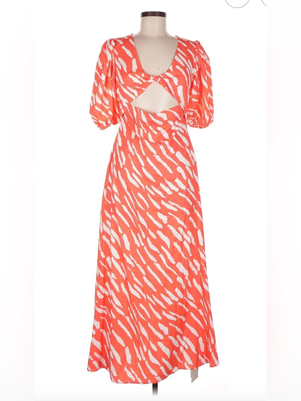 Commense Coral and White Cutout Maxi Dress with Puff Sleeves